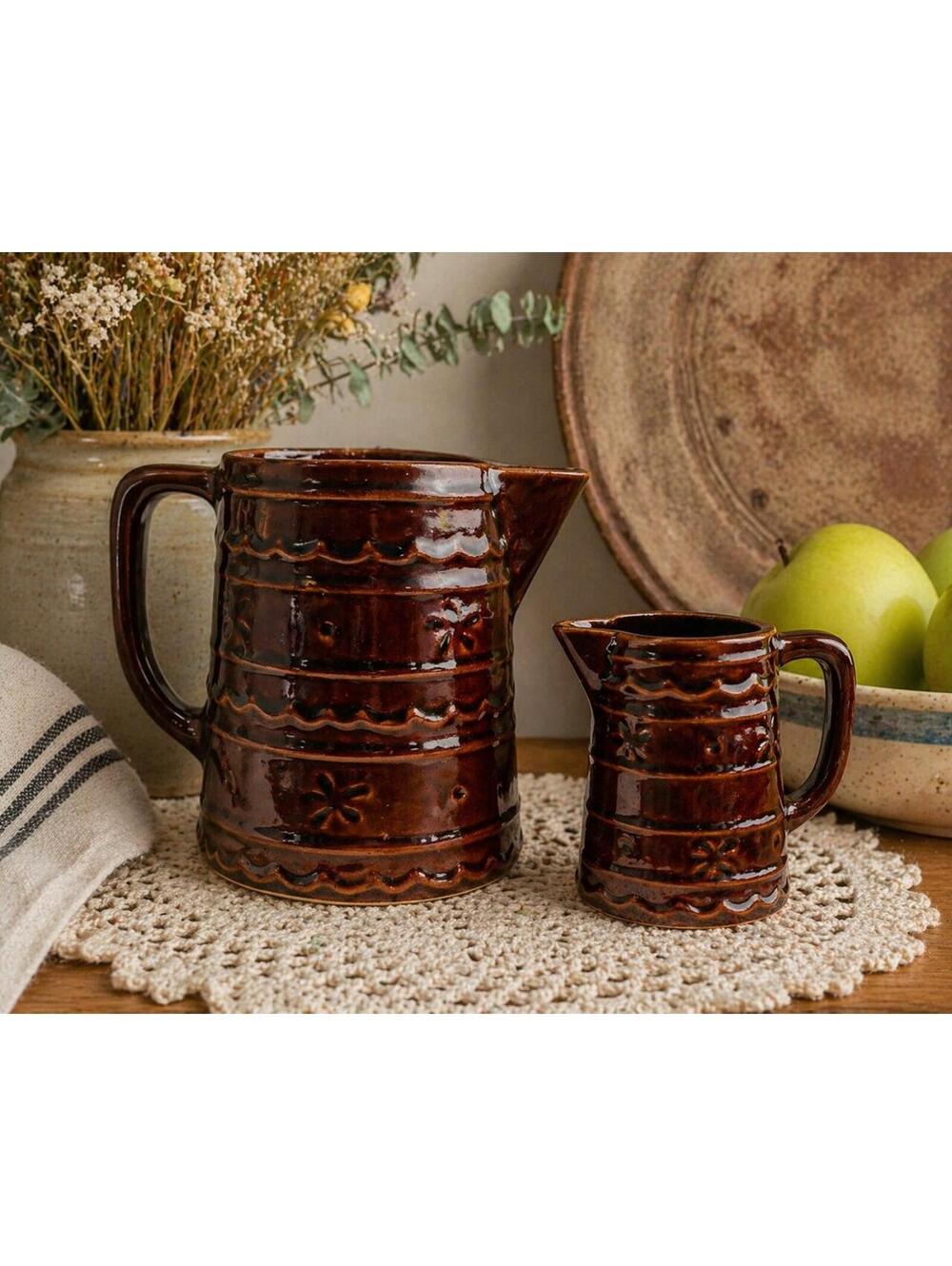 Vintage Marcrest Daisy Dot Brown Stoneware Pitcher and Creamer  MCM USA
